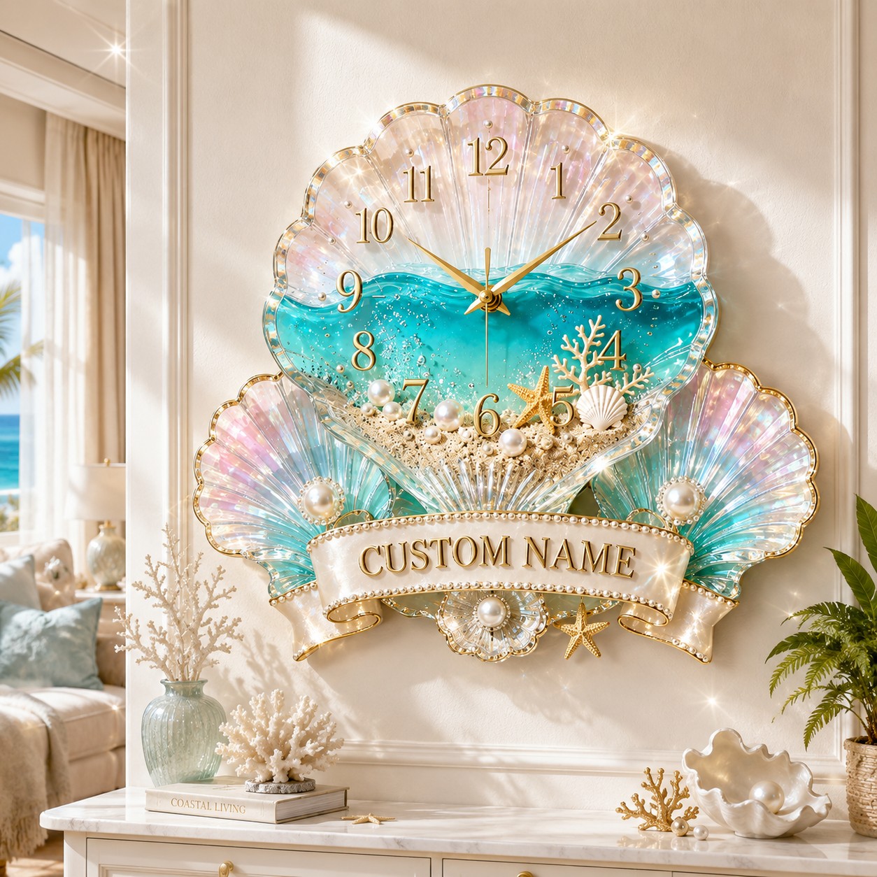Personalized Seashell Wall Clock with Custom Name — personalized with a custom name
