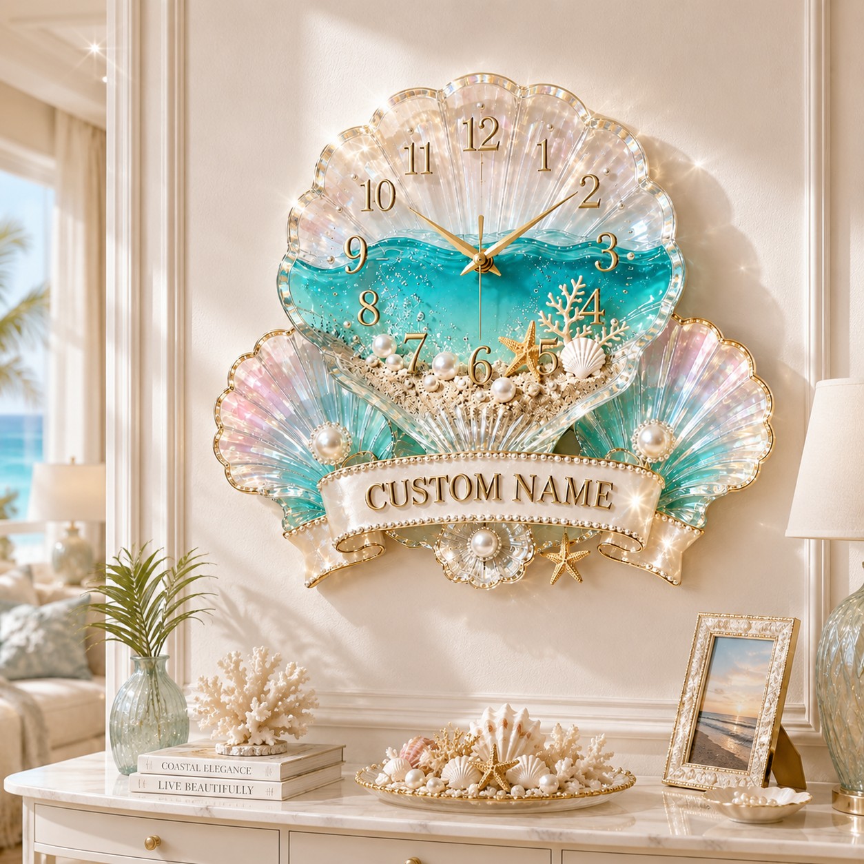 Personalized Seashell Wall Clock with Custom Name — personalized with a custom name