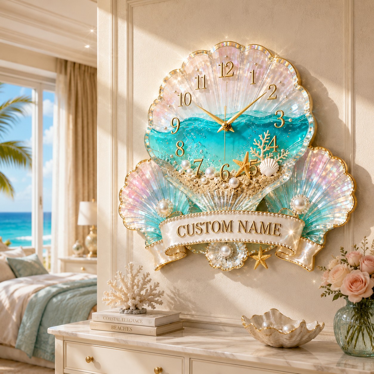 Personalized Seashell Wall Clock with Custom Name — personalized with a custom name