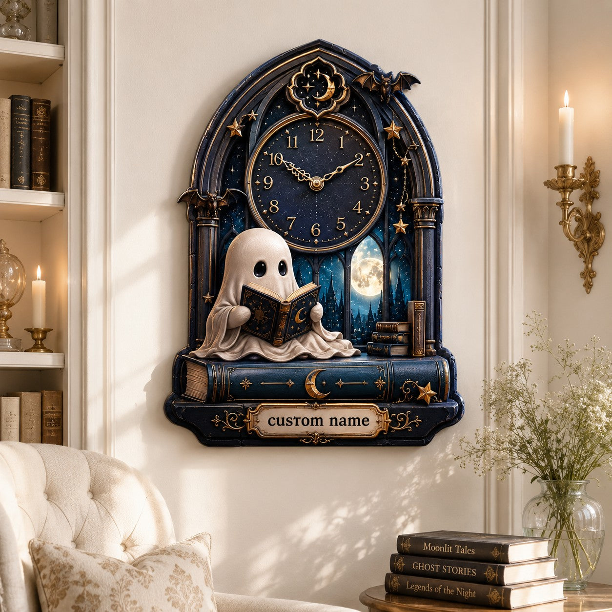 Personalized Gothic Ghost Wall Clock with Custom Name — personalized with a custom name