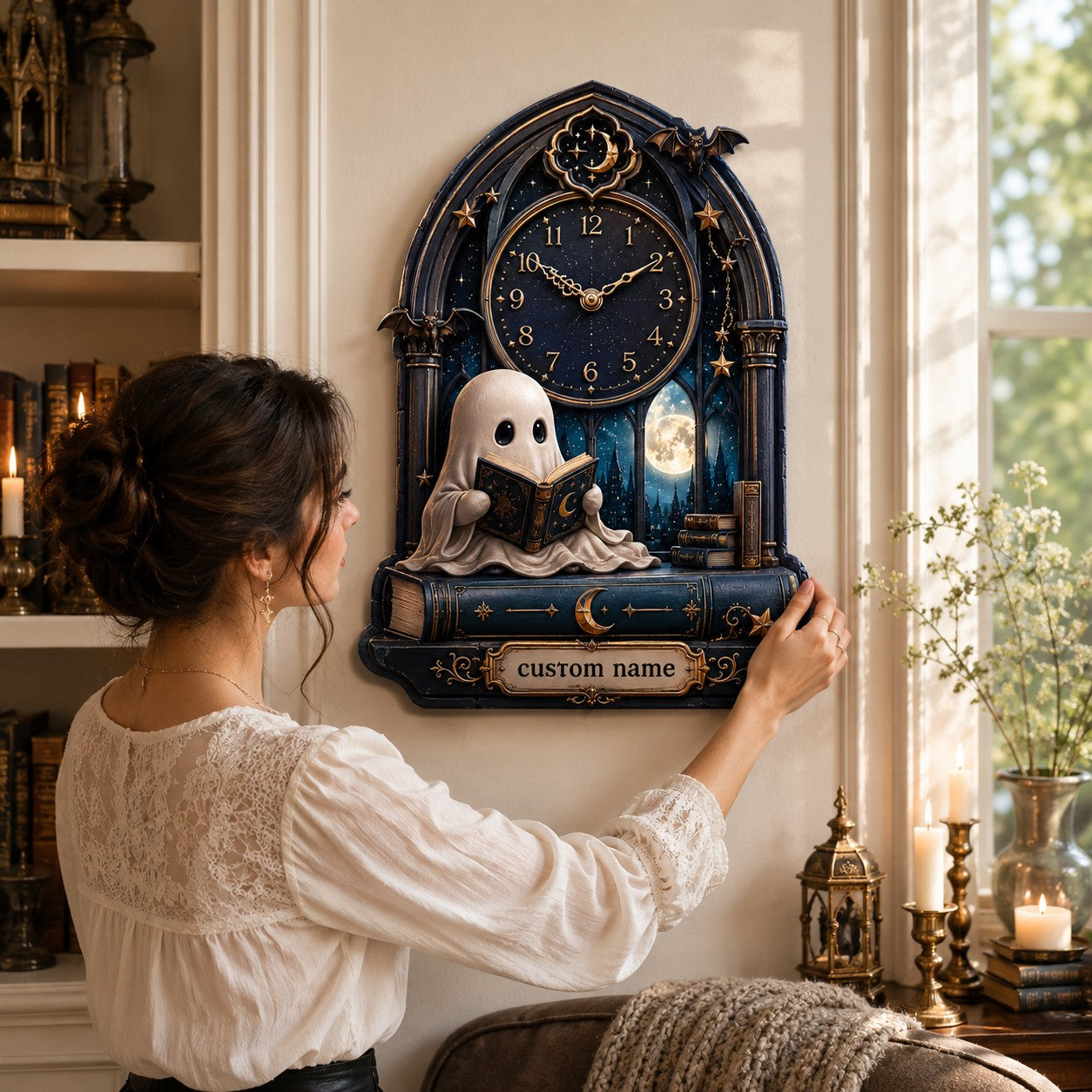 Personalized Gothic Ghost Wall Clock with Custom Name — personalized with a custom name