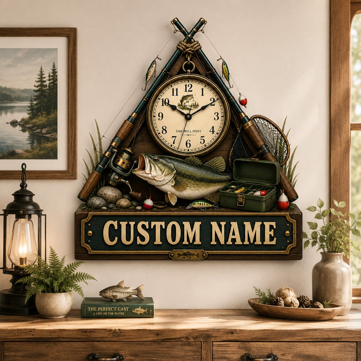 Personalized Fishing Rod Wall Clock, Custom Name Gift for Anglers — personalized with a custom name
