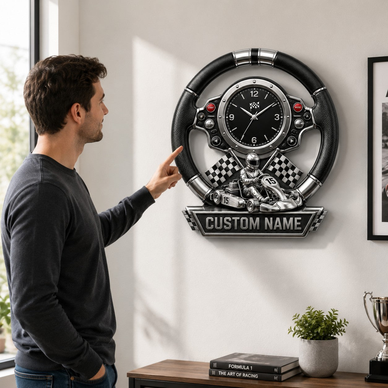 Personalized Kart Racing Wall Clock with Custom Name — personalized with a custom name