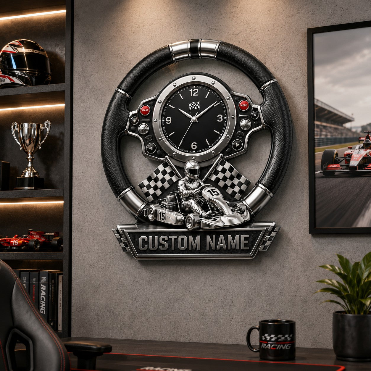 Personalized Kart Racing Wall Clock with Custom Name — personalized with a custom name