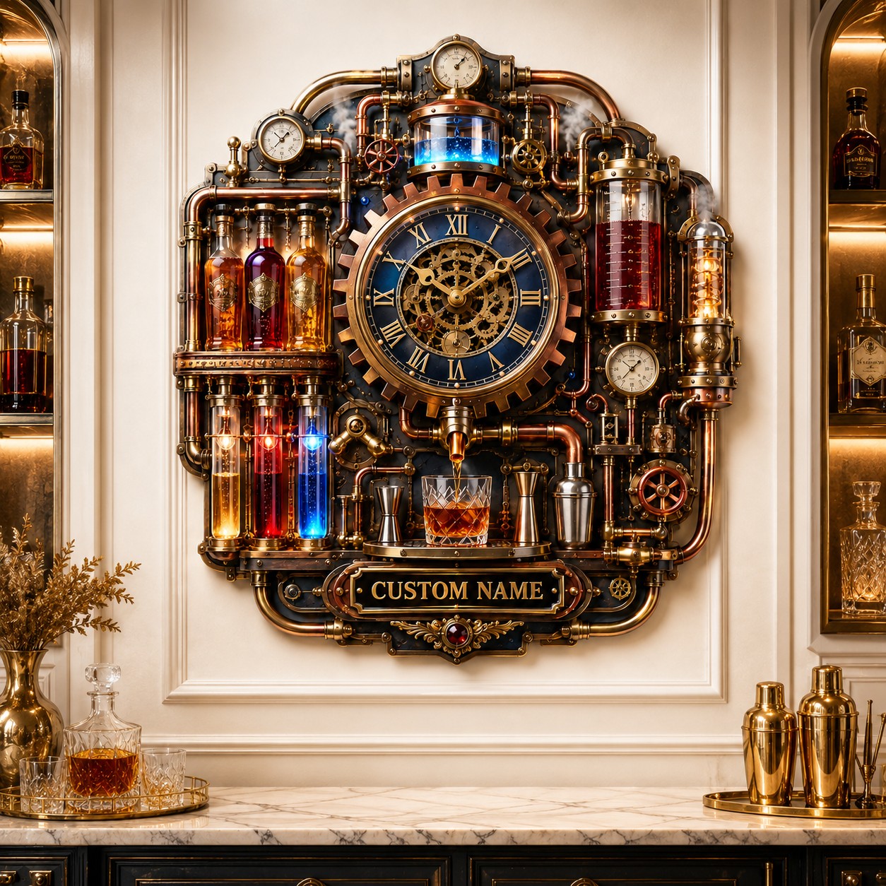 Personalized Steampunk Bar Wall Clock with Custom Name — personalized with a custom name