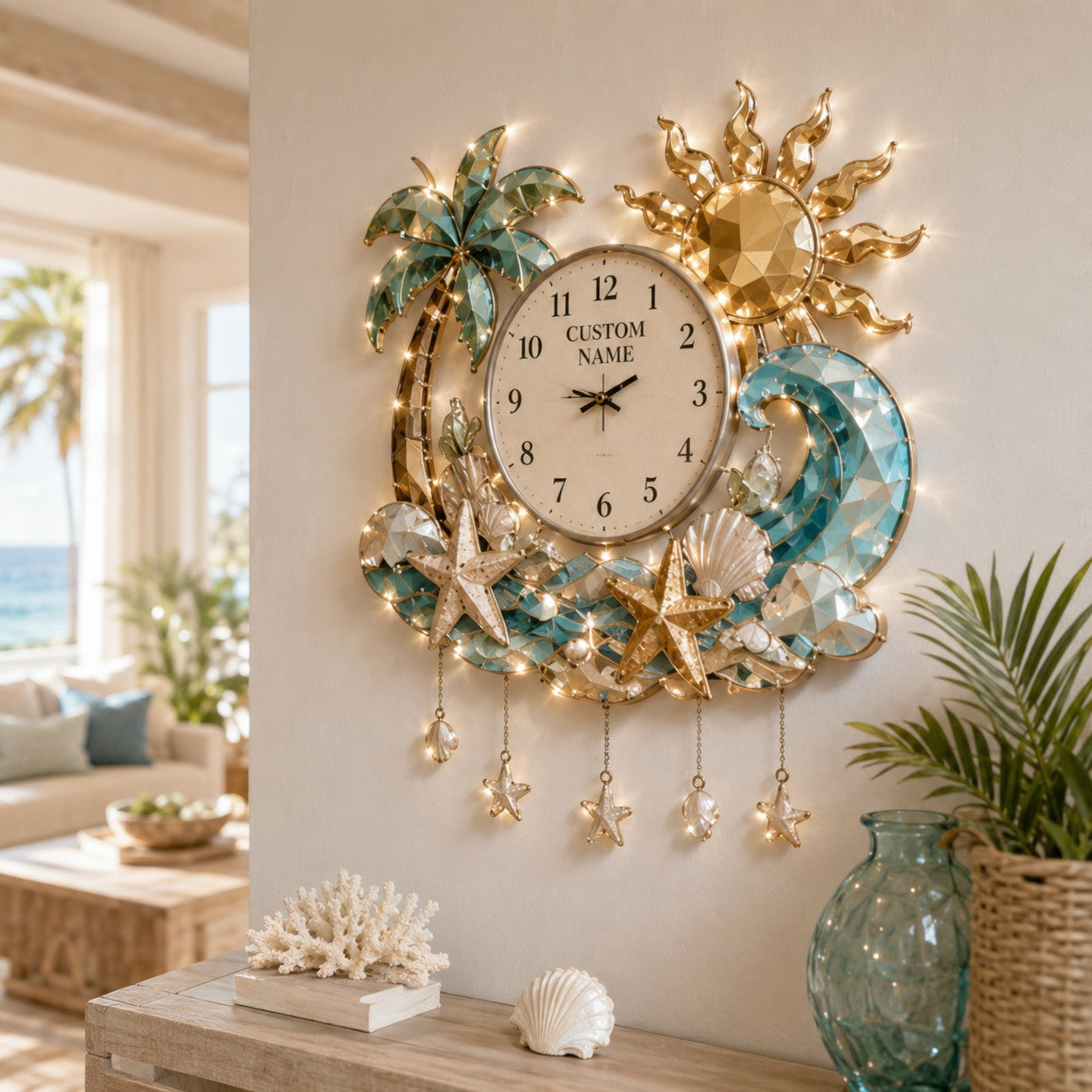 Personalized Beach Wall Clock, Coastal Decor with Custom Name — personalized with a custom name