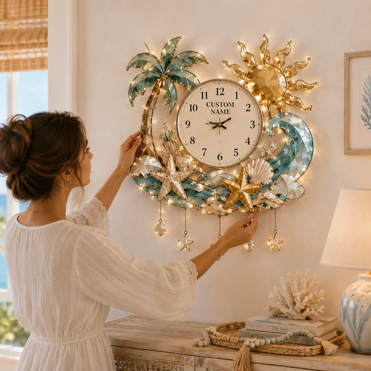 Personalized Beach Wall Clock, Coastal Decor with Custom Name — personalized with a custom name