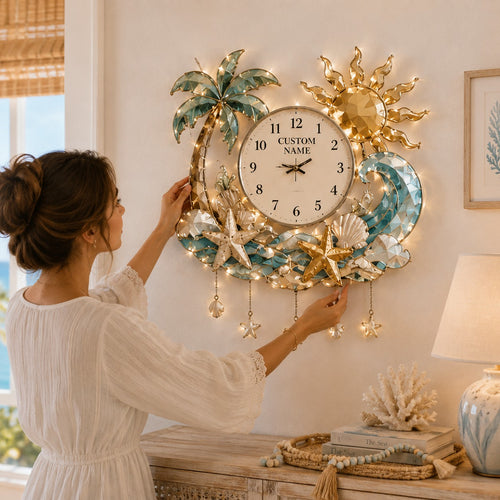 Personalized Beach Wall Clock, Coastal Decor with Custom Name — personalized with a custom name