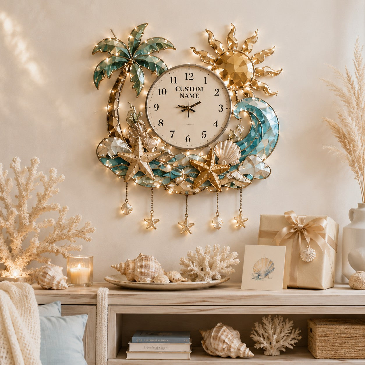 Personalized Beach Wall Clock, Coastal Decor with Custom Name — personalized with a custom name