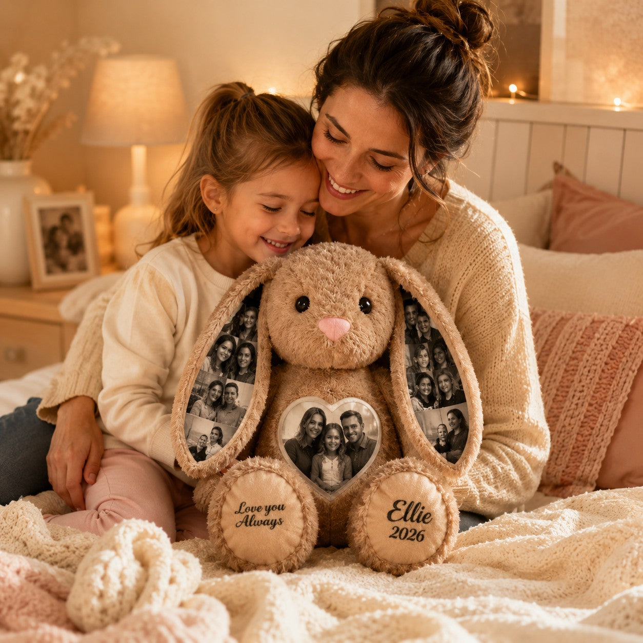 Personalized Family Photo Bunny Wall Clock with Custom Name — personalized with a custom name