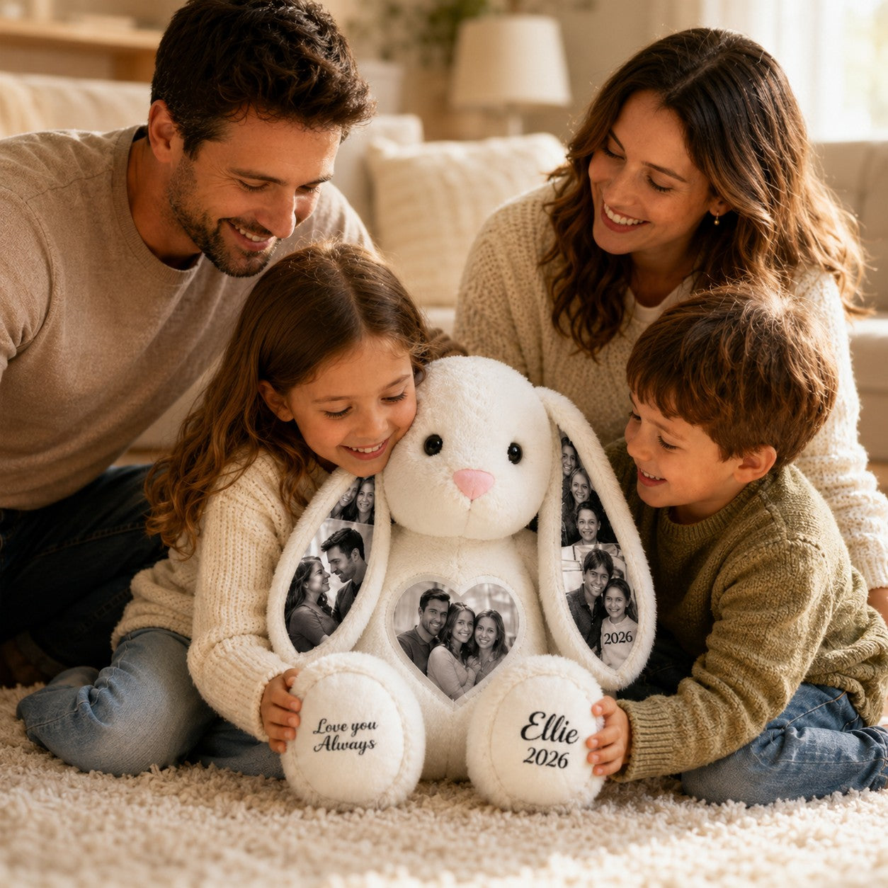 Personalized Family Photo Bunny Wall Clock with Custom Name — personalized with a custom name