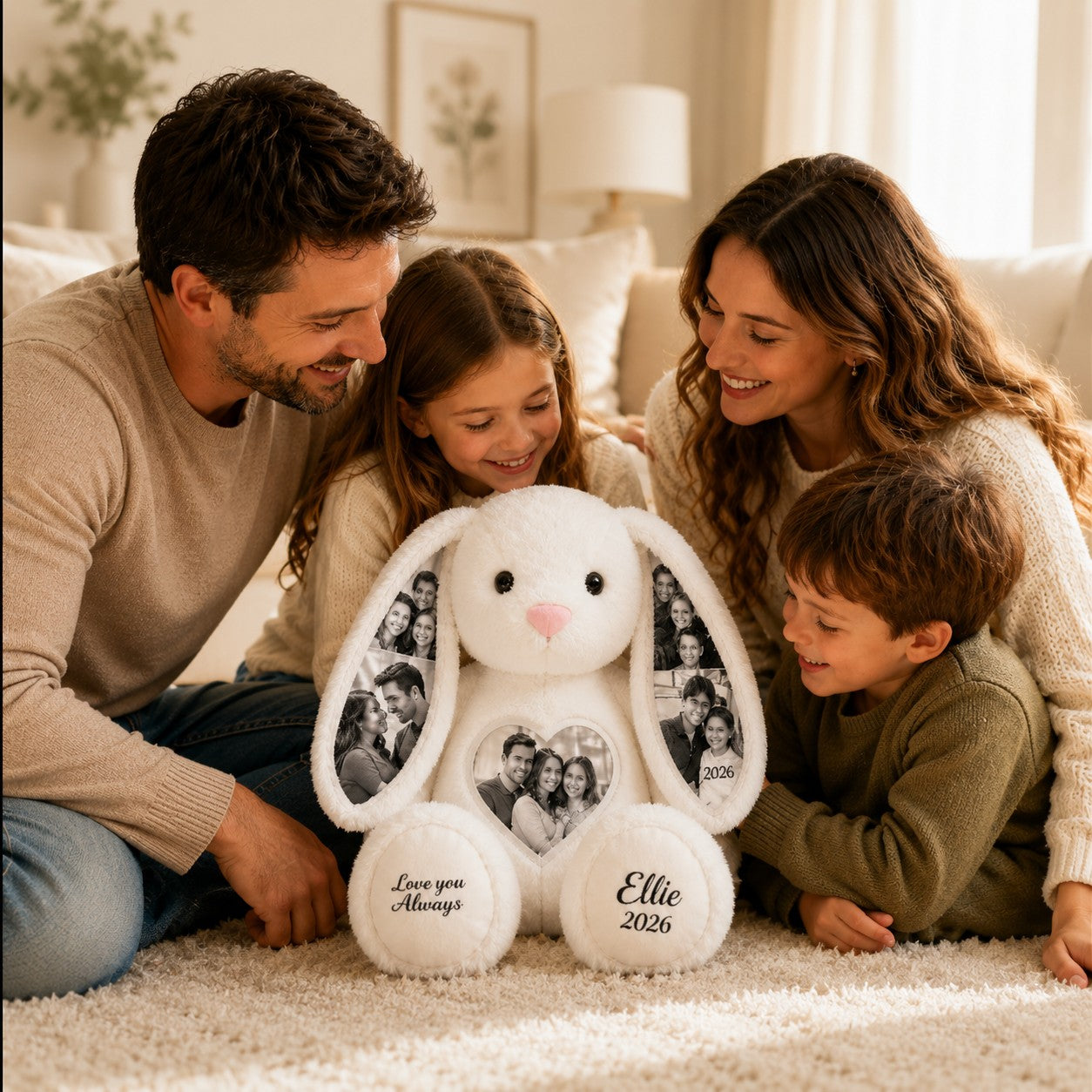 Personalized Family Photo Bunny Wall Clock with Custom Name — personalized with a custom name