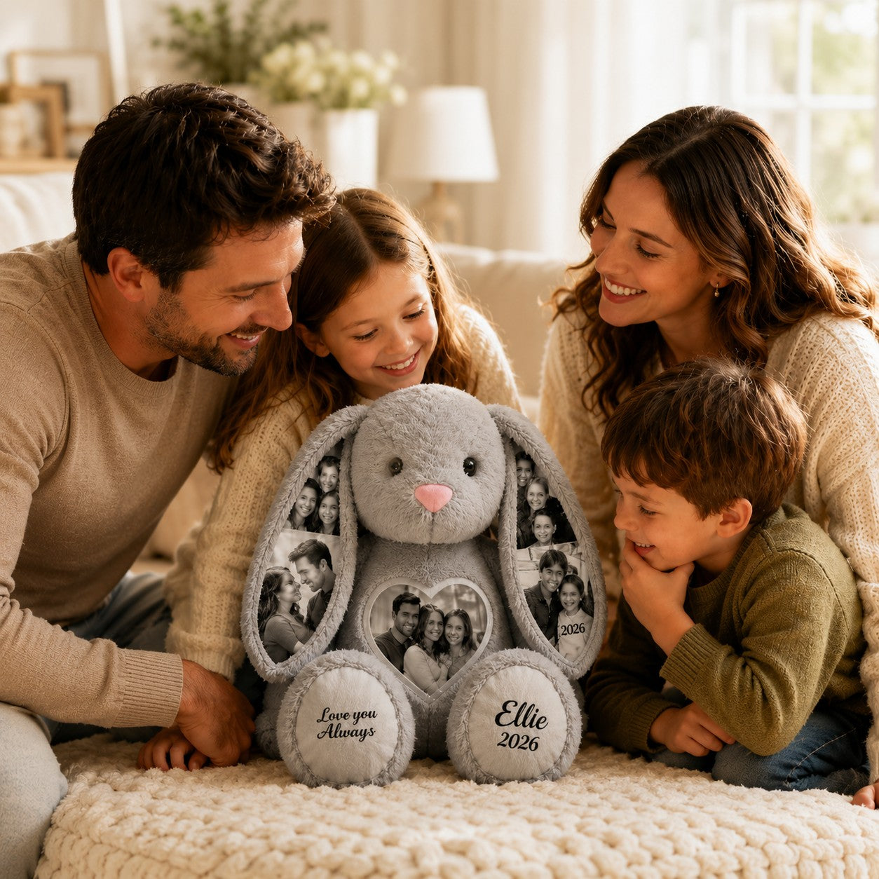 Personalized Family Photo Bunny Wall Clock with Custom Name — personalized with a custom name