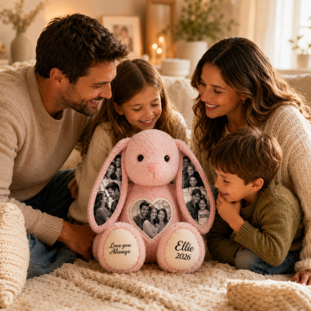 Personalized Family Photo Bunny Wall Clock with Custom Name — personalized with a custom name
