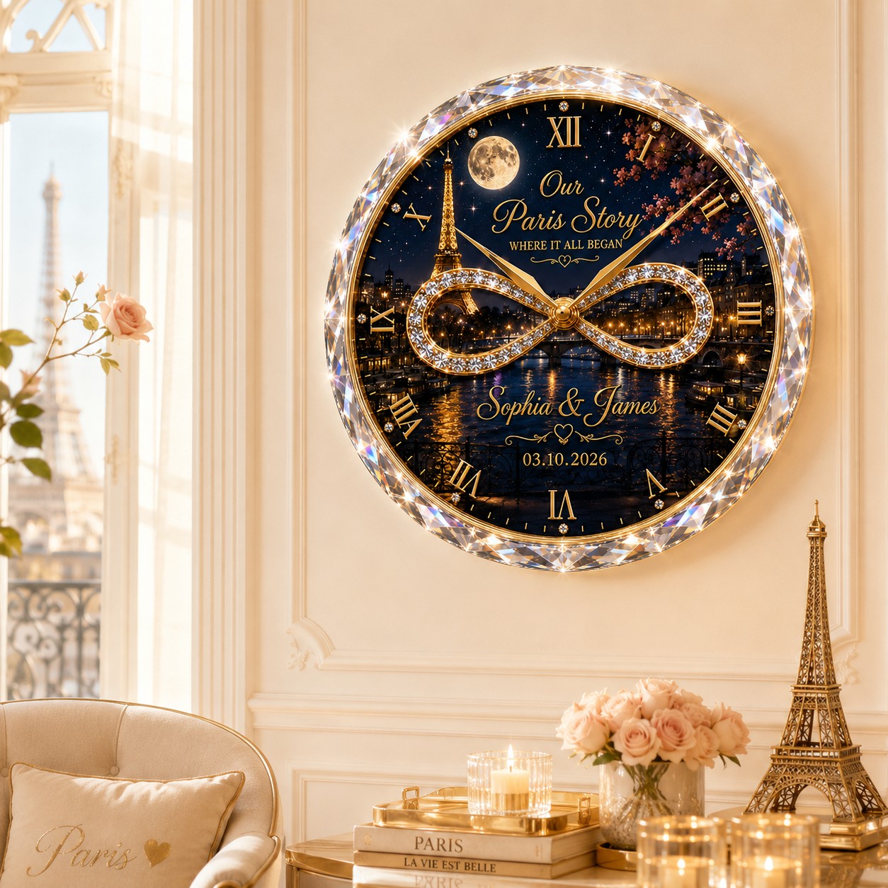 Personalized Paris Couple Wall Clock, Custom Name Gift for Couples — personalized with a custom name