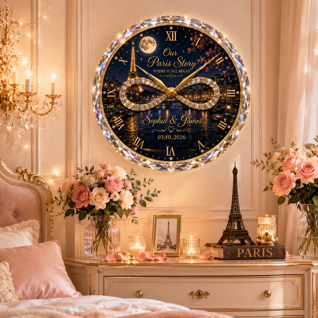 Personalized Paris Couple Wall Clock, Custom Name Gift for Couples — personalized with a custom name