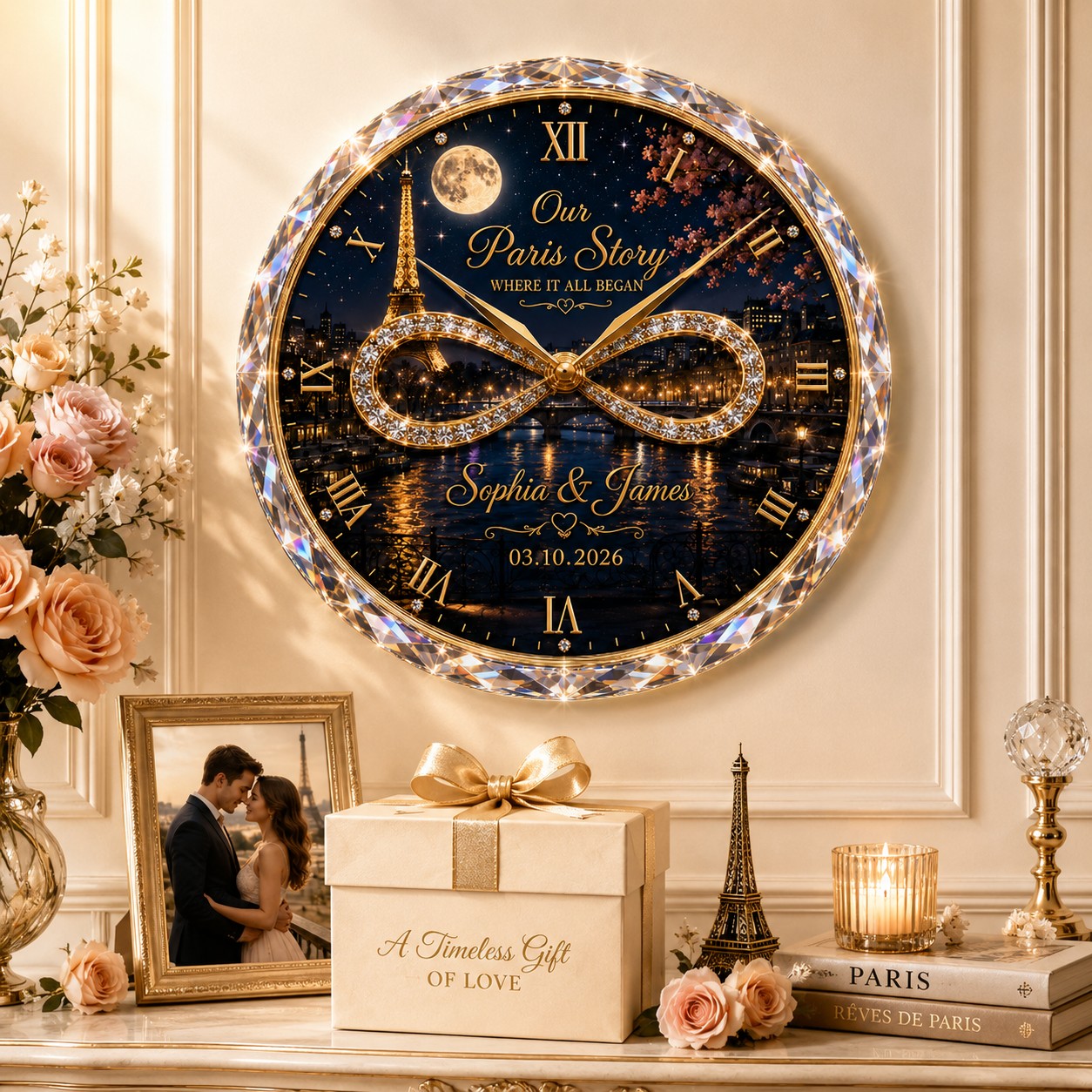 Personalized Paris Couple Wall Clock, Custom Name Gift for Couples — personalized with a custom name