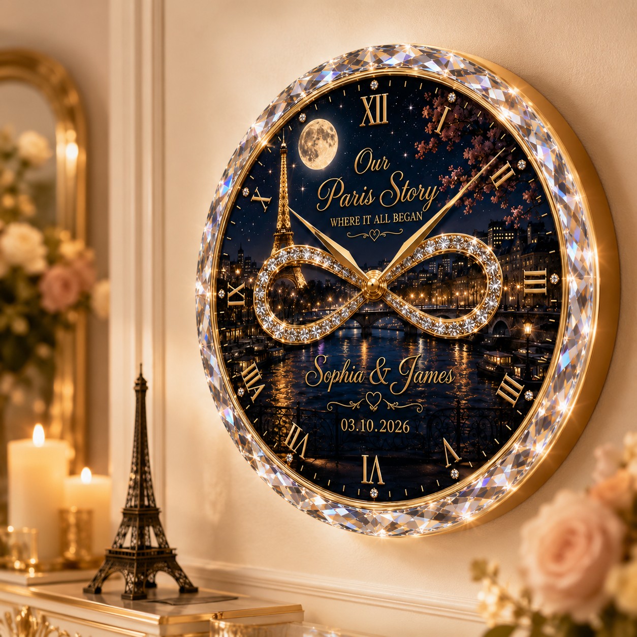Personalized Paris Couple Wall Clock, Custom Name Gift for Couples — personalized with a custom name