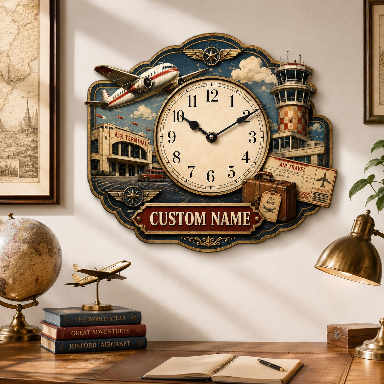 Personalized Aviation Wall Clock, Custom Name Gift for Aviation Lovers — personalized with a custom name