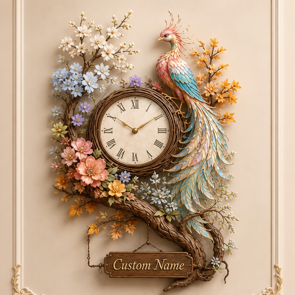 Personalized Phoenix Floral Wall Clock with Custom Name — personalized with a custom name