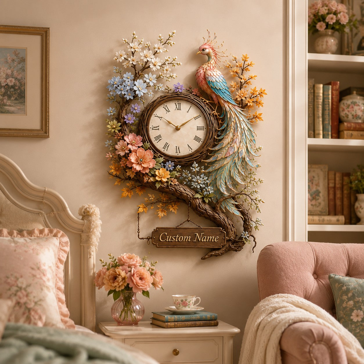 Personalized Phoenix Floral Wall Clock with Custom Name — personalized with a custom name