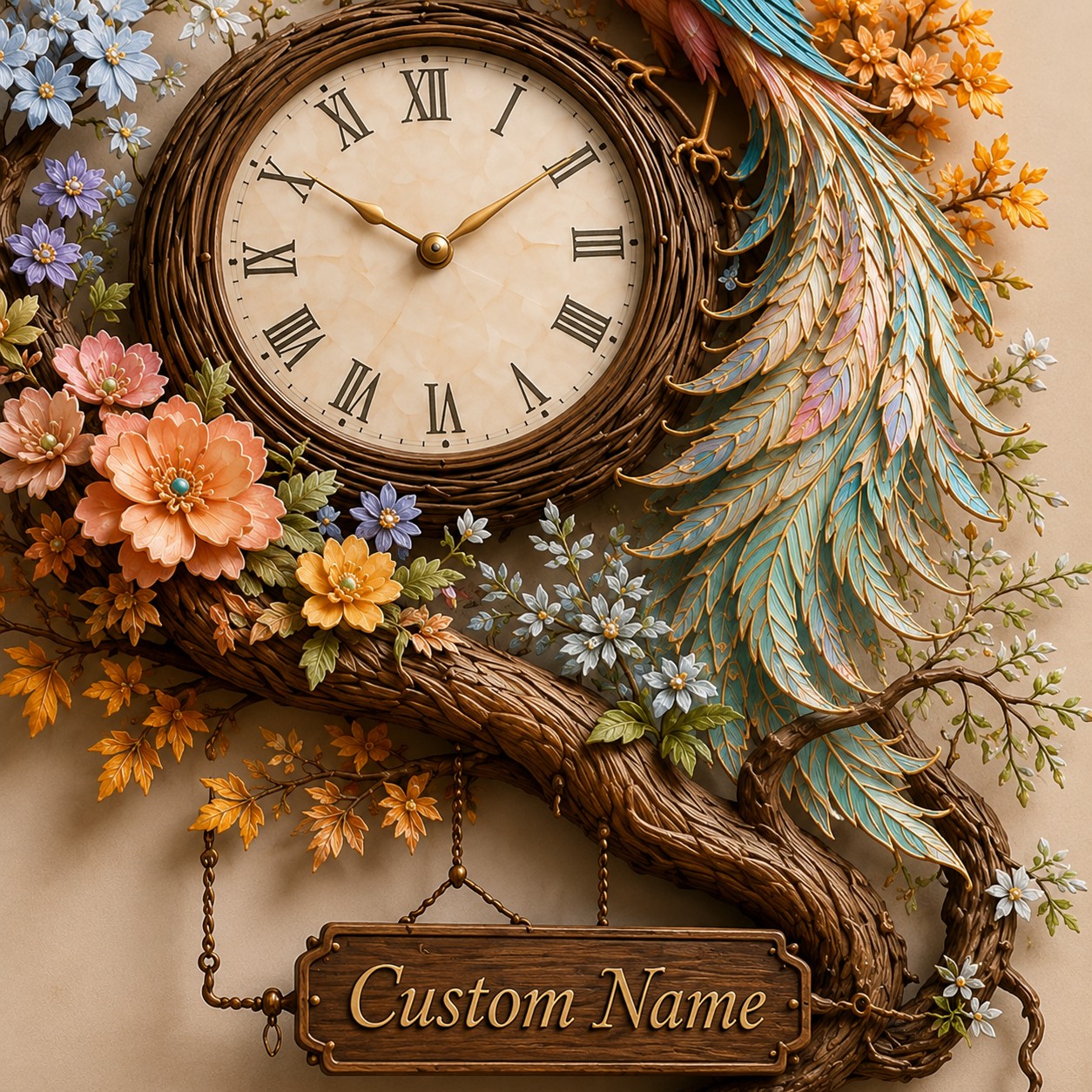Personalized Phoenix Floral Wall Clock with Custom Name — personalized with a custom name