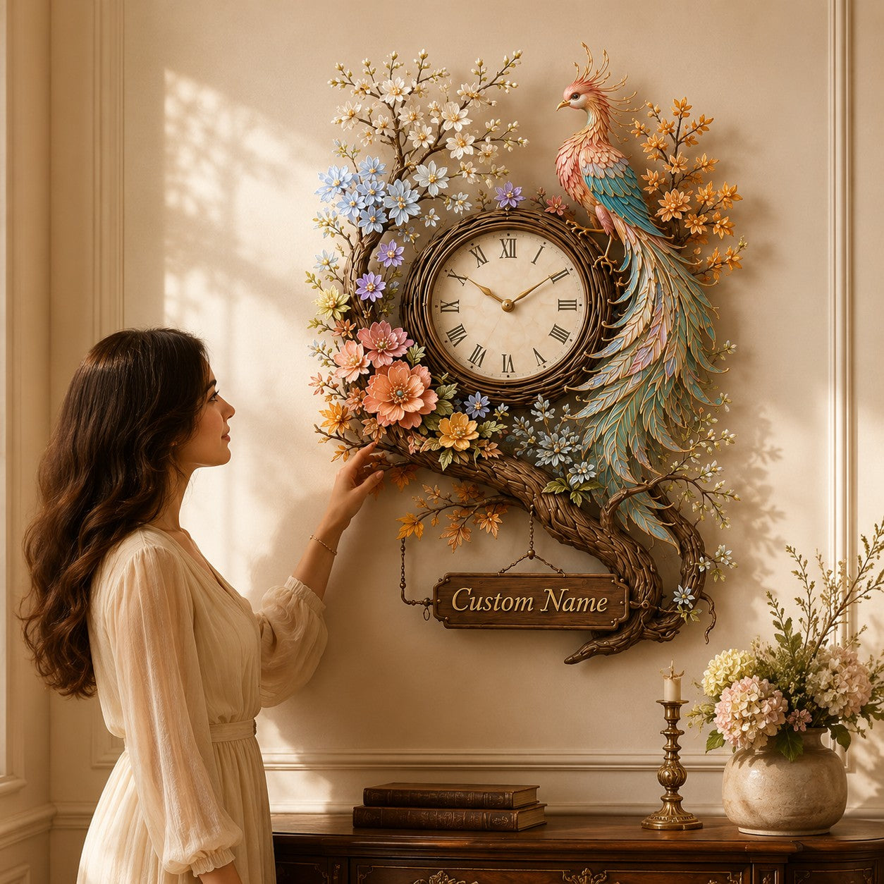 Personalized Phoenix Floral Wall Clock with Custom Name — personalized with a custom name
