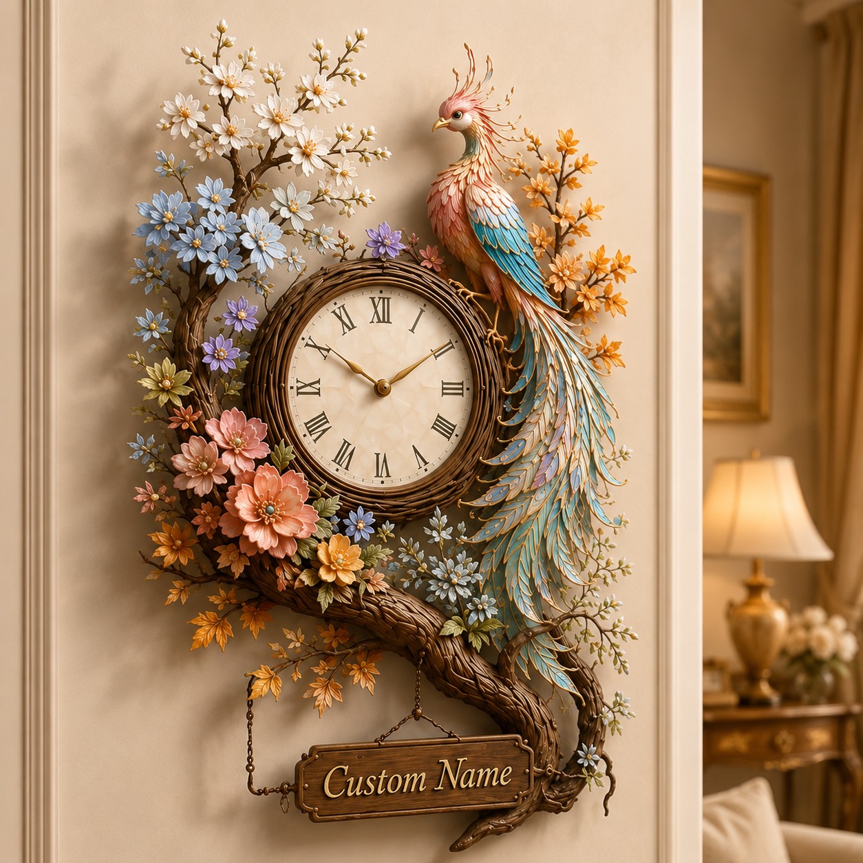 Personalized Phoenix Floral Wall Clock with Custom Name — personalized with a custom name
