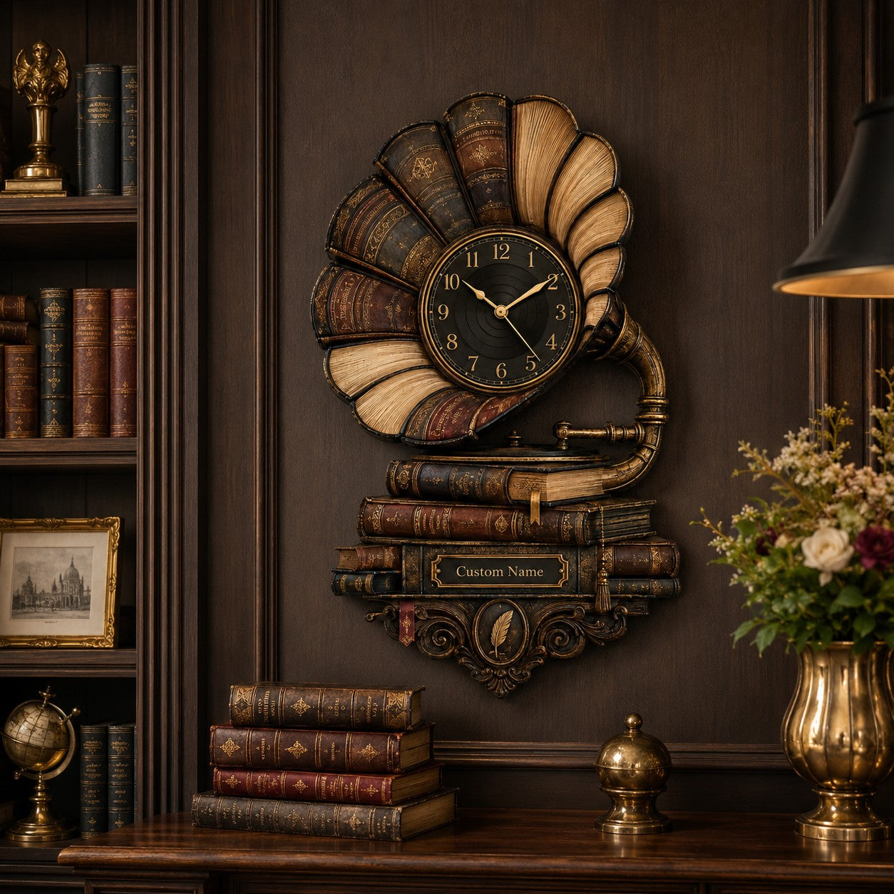 Personalized Vintage Gramophone Wall Clock with Custom Name — personalized with a custom name