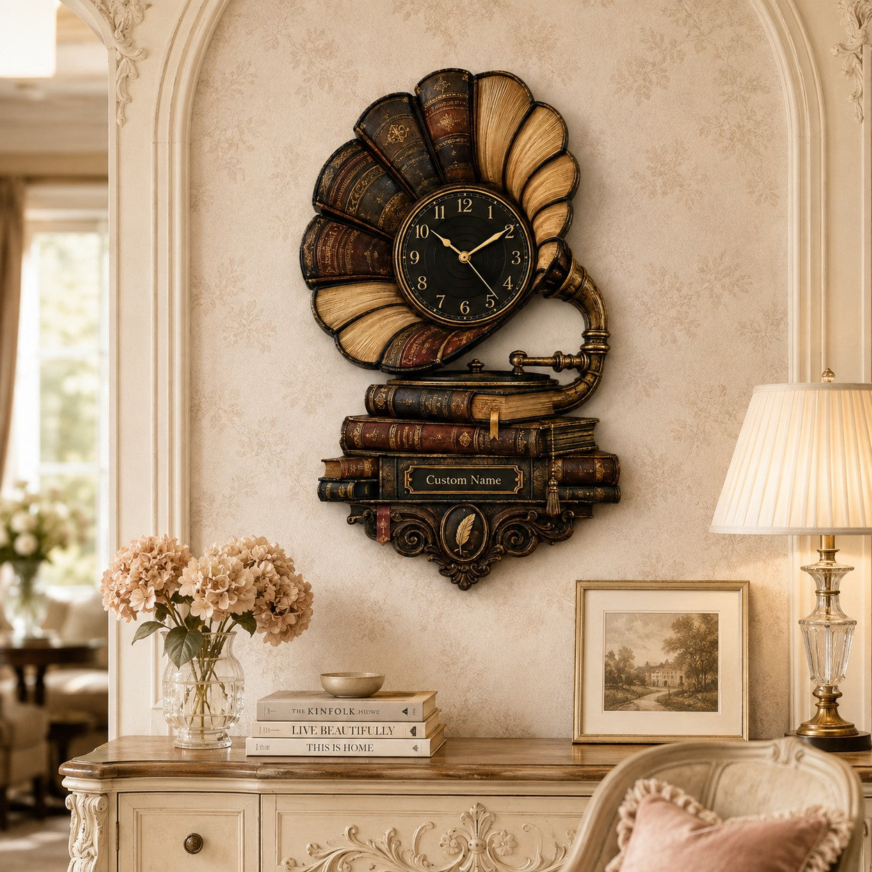 Personalized Vintage Gramophone Wall Clock with Custom Name — personalized with a custom name