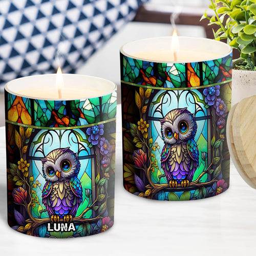 Colorful Owl - Personalized Owl Candle With Wooden Lid