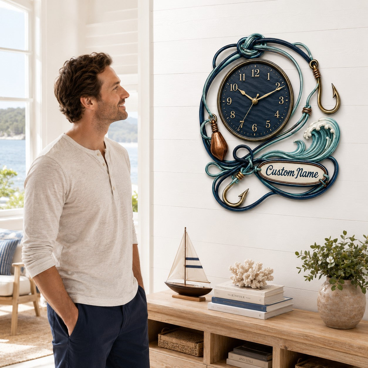 Personalized Fishing Line Wall Clock, Custom Name Gift for Anglers — personalized with a custom name