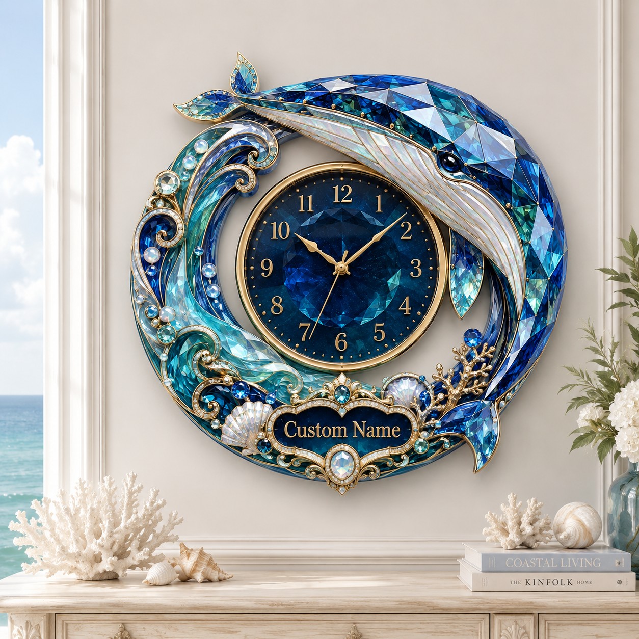 Personalized Crystal Whale Wall Clock with Custom Name — personalized with a custom name