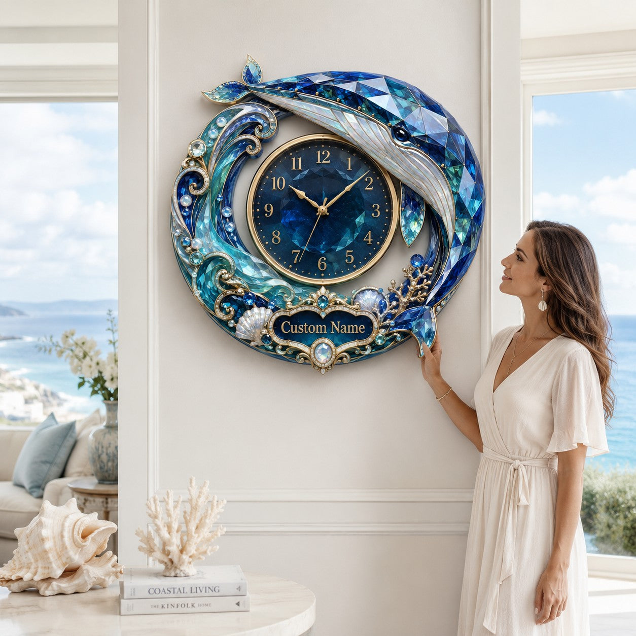 Personalized Crystal Whale Wall Clock with Custom Name — personalized with a custom name