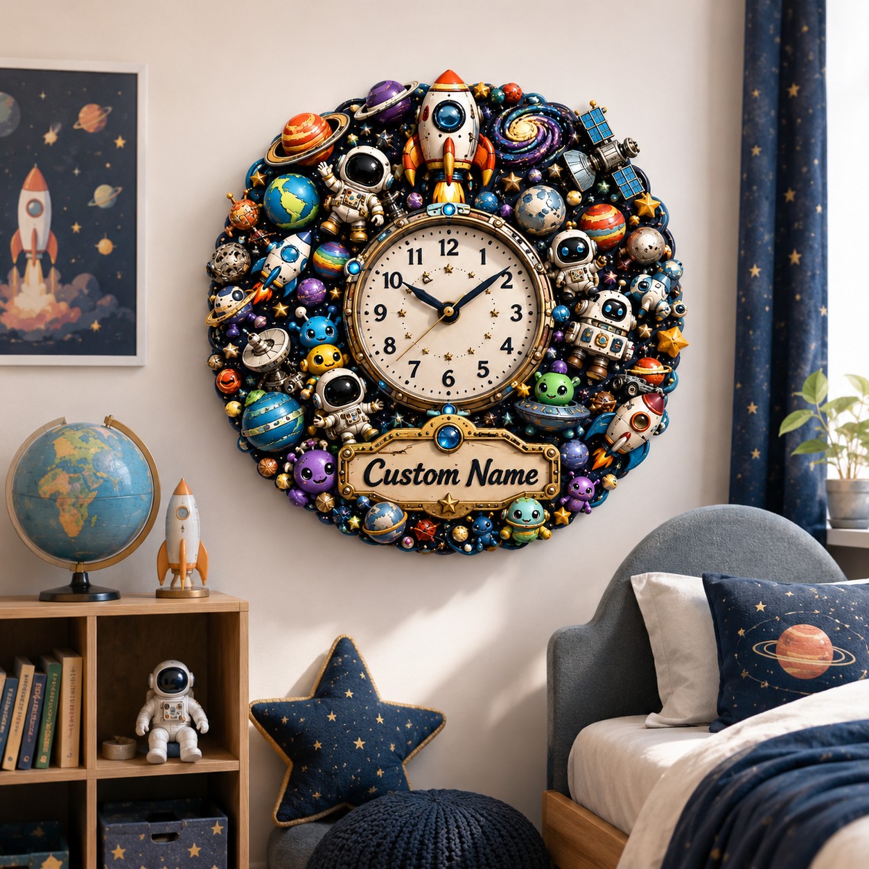 Personalized Space Wall Clock with Custom Name — personalized with a custom name