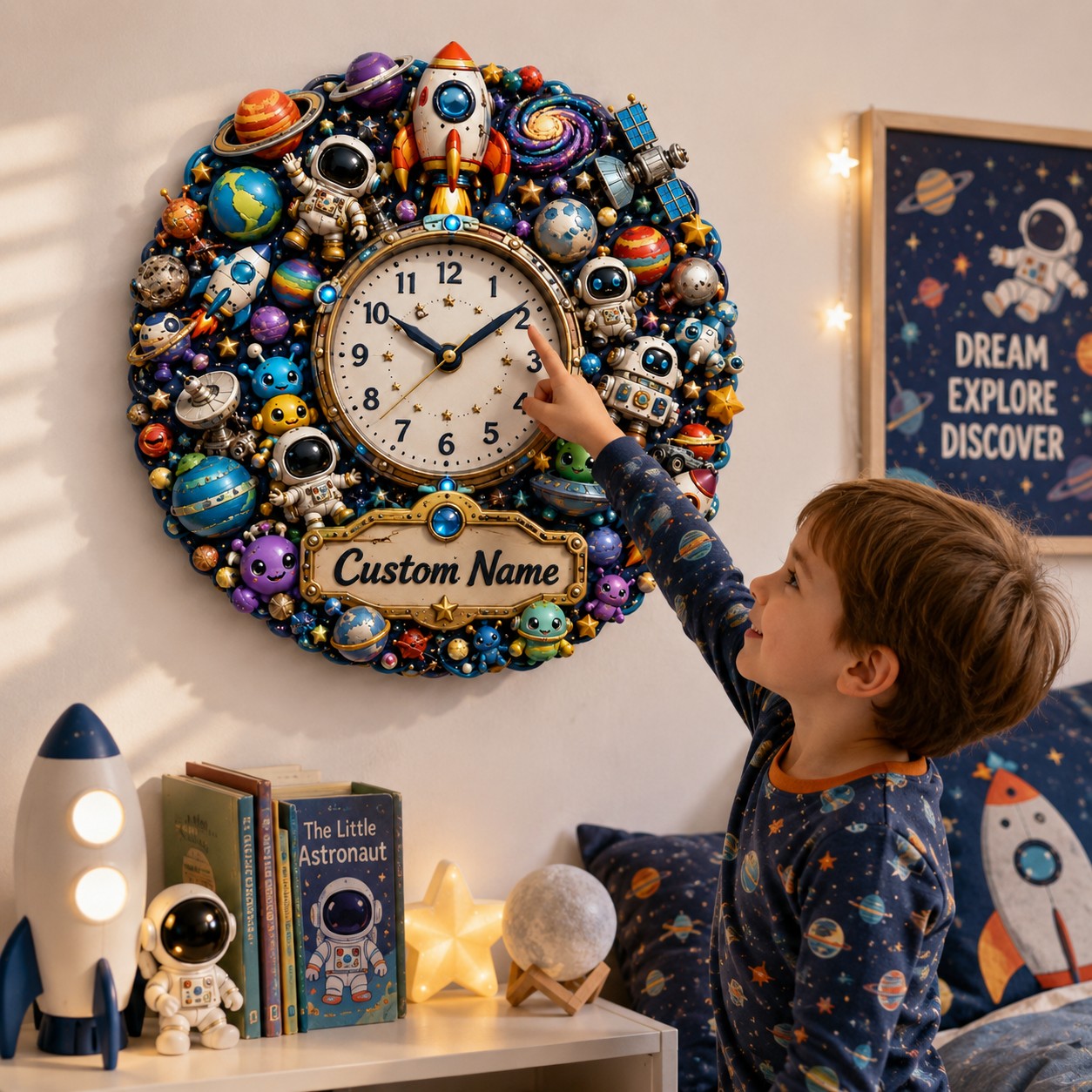 Personalized Space Wall Clock with Custom Name — personalized with a custom name