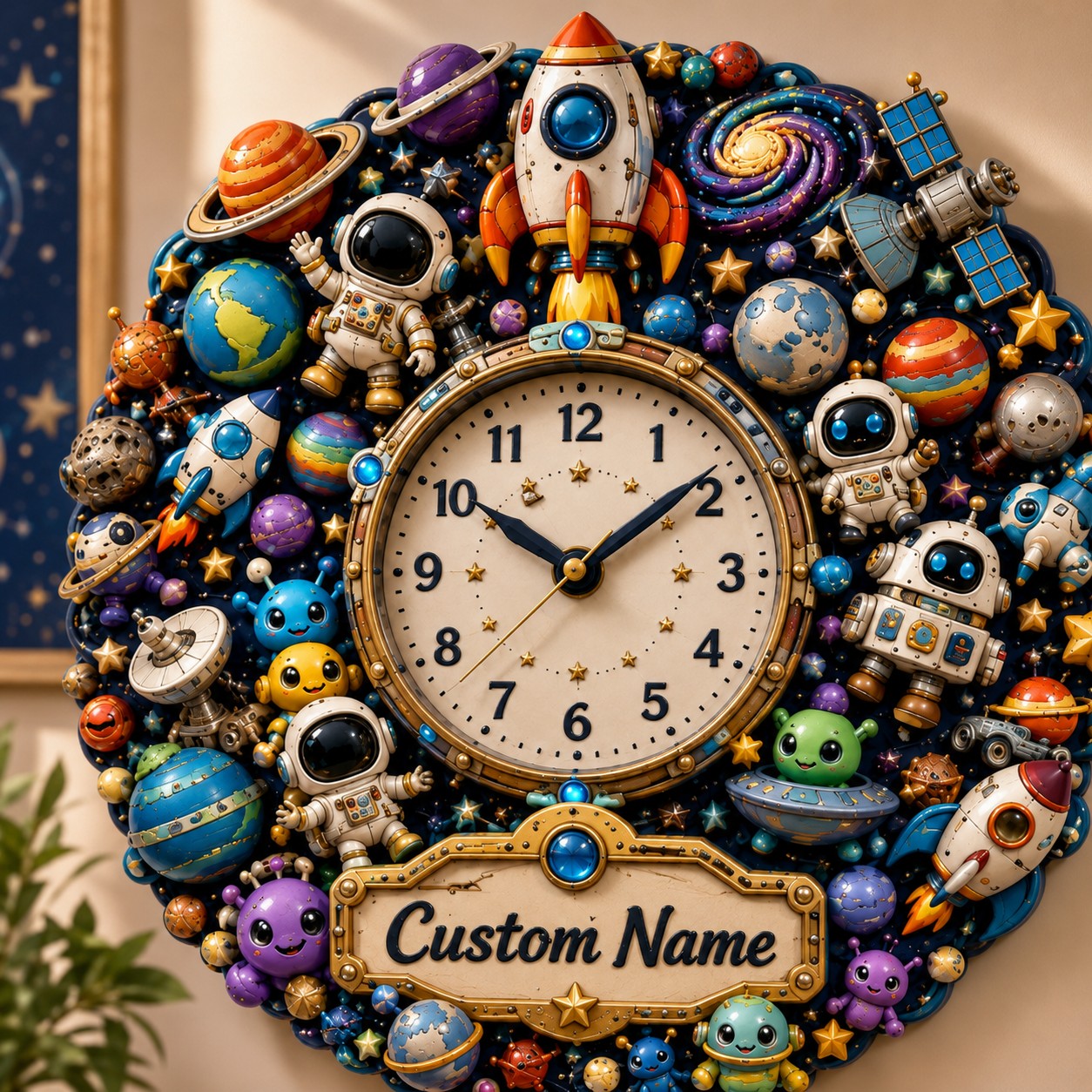 Personalized Space Wall Clock with Custom Name — personalized with a custom name