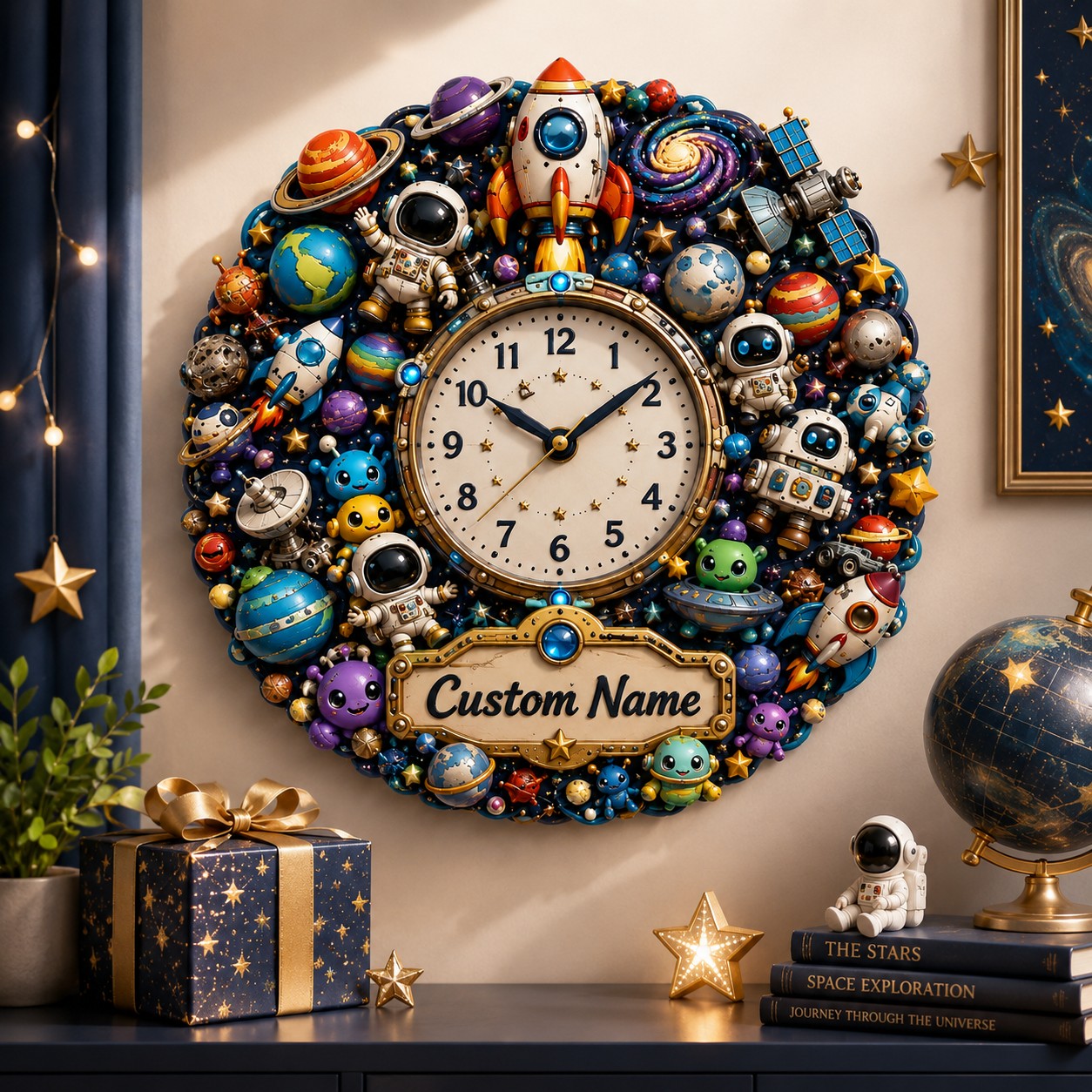 Personalized Space Wall Clock with Custom Name — personalized with a custom name