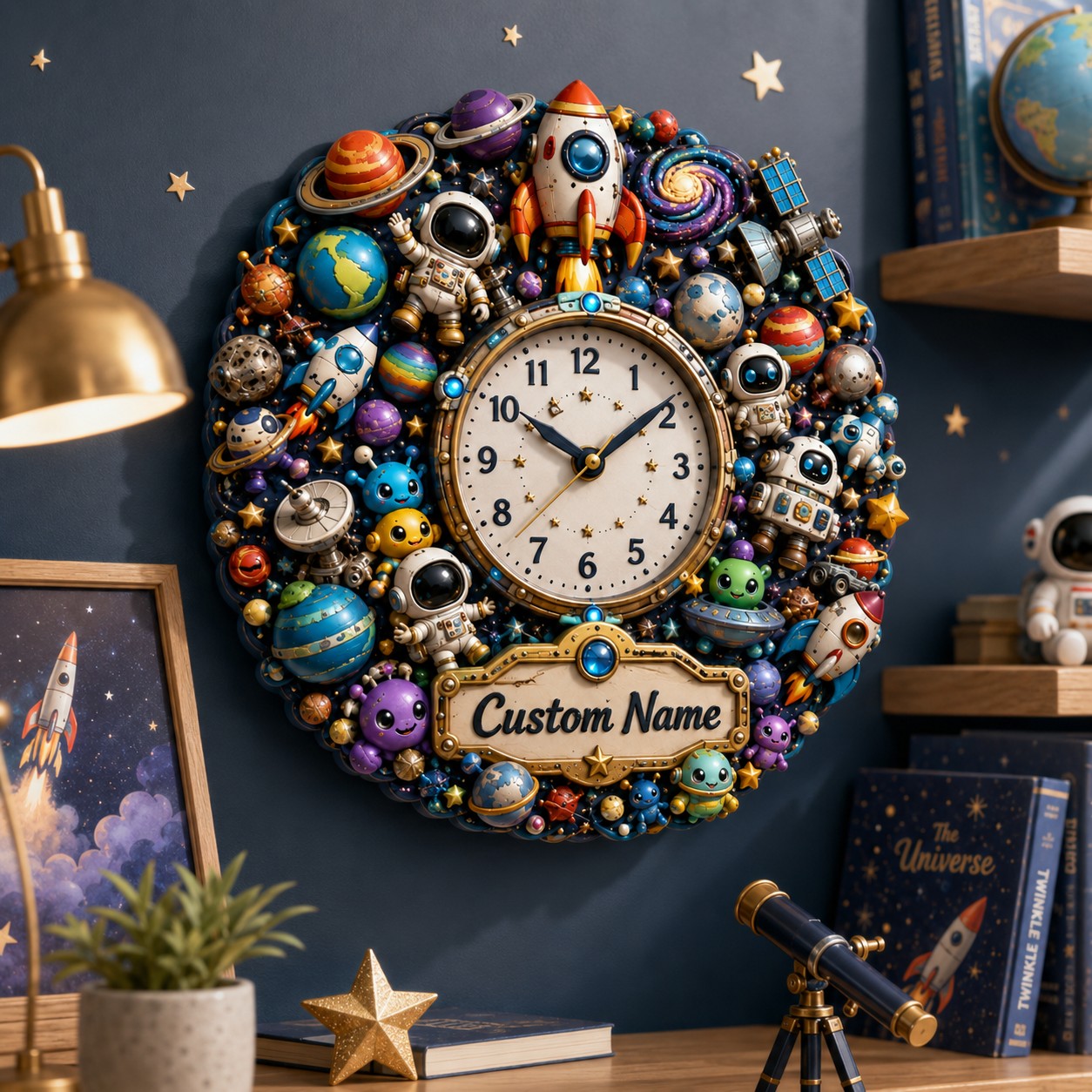 Personalized Space Wall Clock with Custom Name — personalized with a custom name