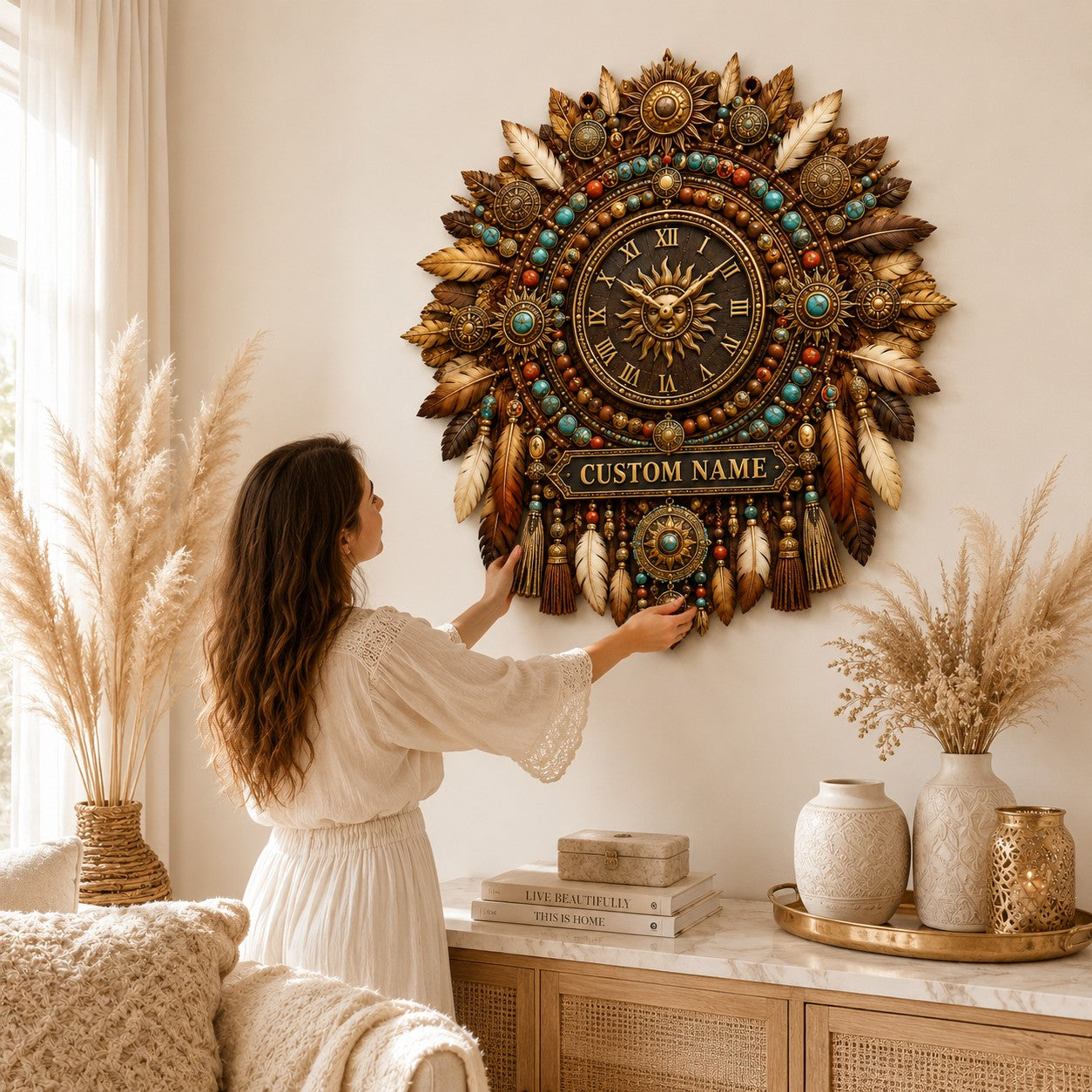 Personalized Boho Wall Clock with Custom Name — personalized with a custom name