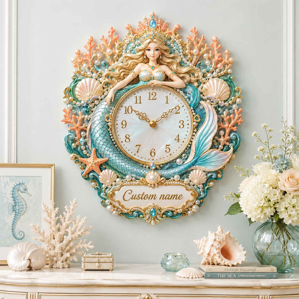 Personalized Mermaid Wall Clock with Custom Name — personalized with a custom name