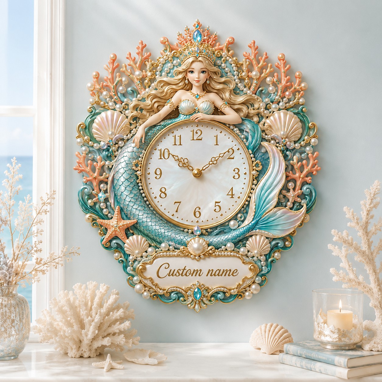 Personalized Mermaid Wall Clock with Custom Name — personalized with a custom name