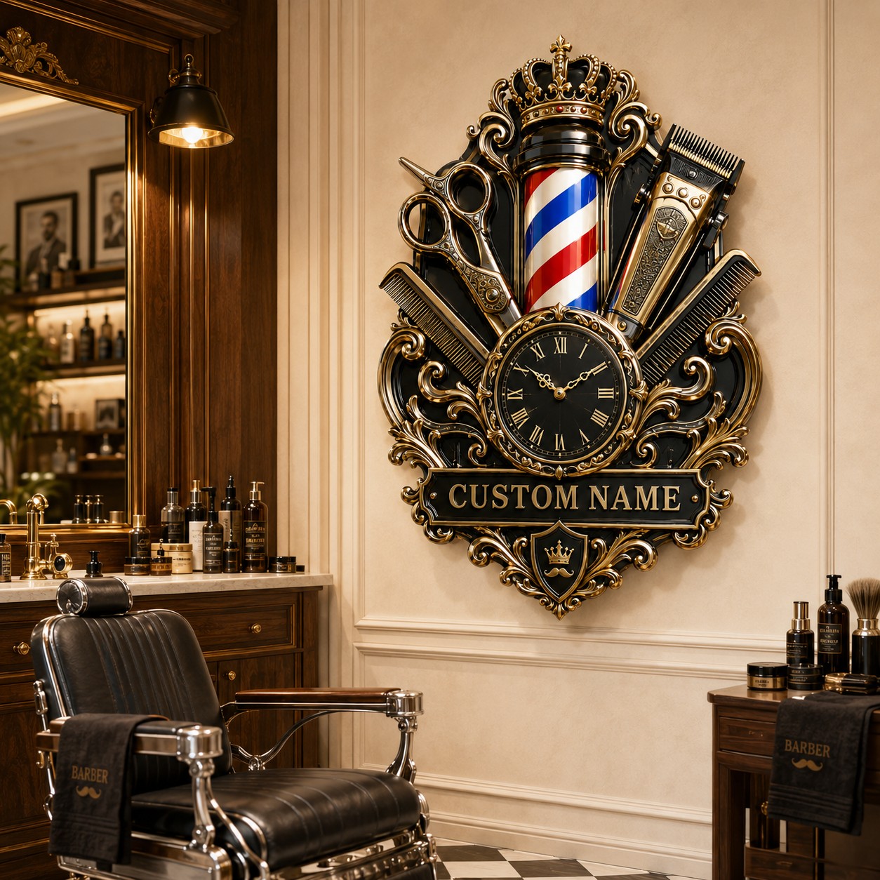Personalized Barber Interiors Wall Clock, Custom Name Gift for Barbers — personalized with a custom name