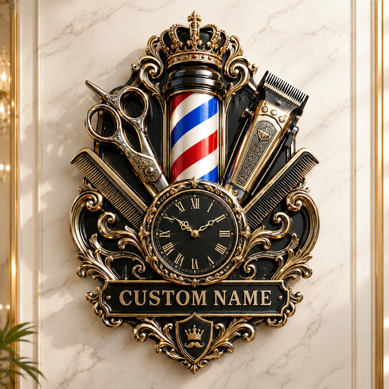 Personalized Barber Interiors Wall Clock, Custom Name Gift for Barbers — personalized with a custom name