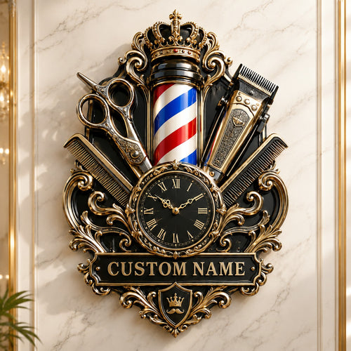 Personalized Barber Interiors Wall Clock, Custom Name Gift for Barbers — personalized with a custom name