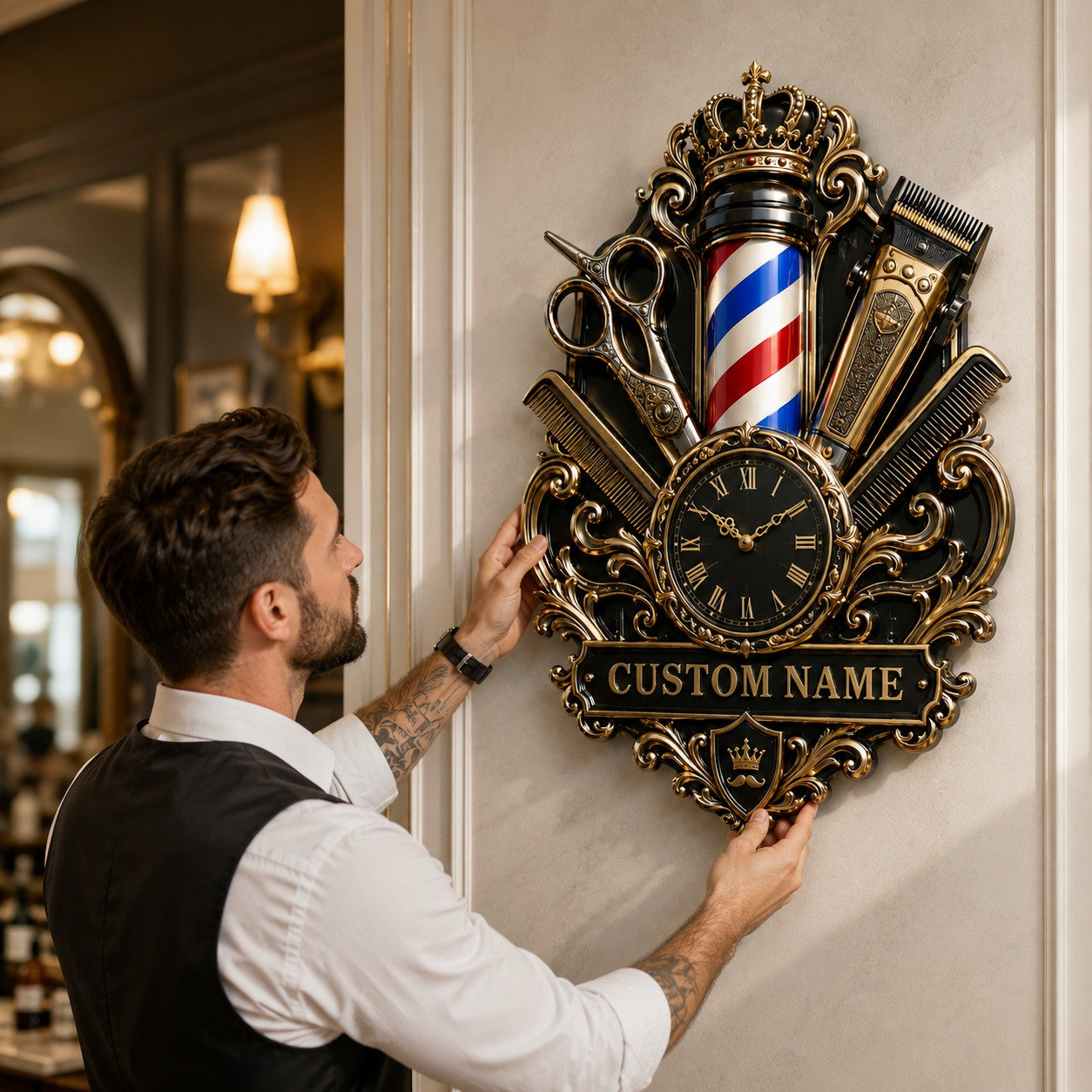 Personalized Barber Interiors Wall Clock, Custom Name Gift for Barbers — personalized with a custom name