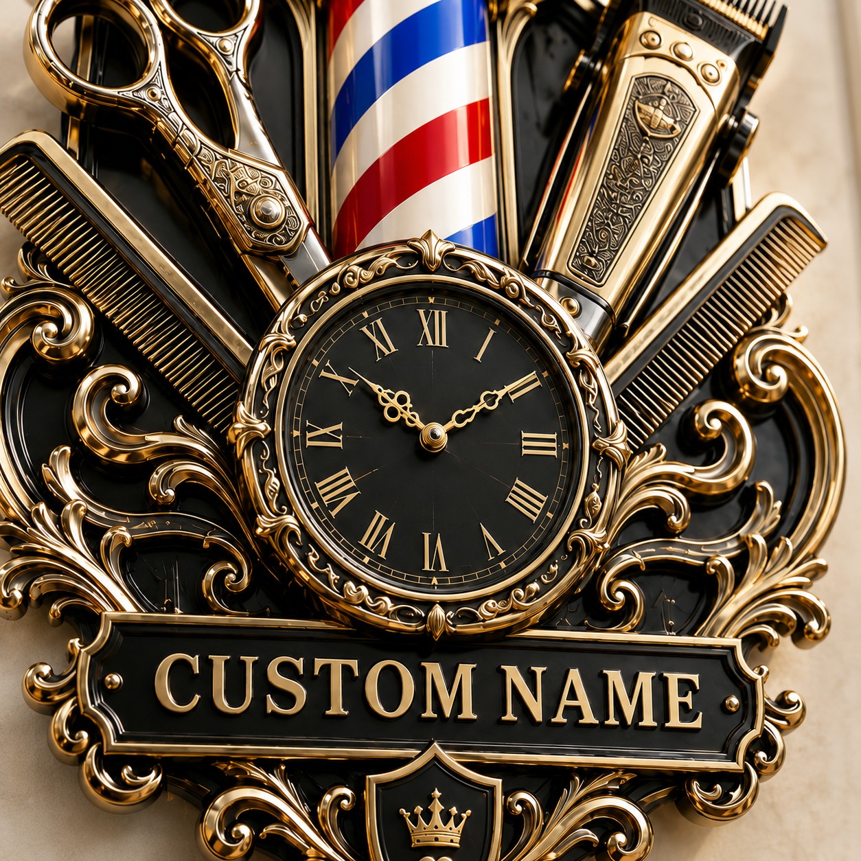 Personalized Barber Interiors Wall Clock, Custom Name Gift for Barbers — personalized with a custom name