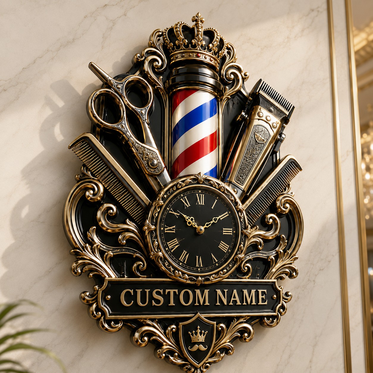 Personalized Barber Interiors Wall Clock, Custom Name Gift for Barbers — personalized with a custom name