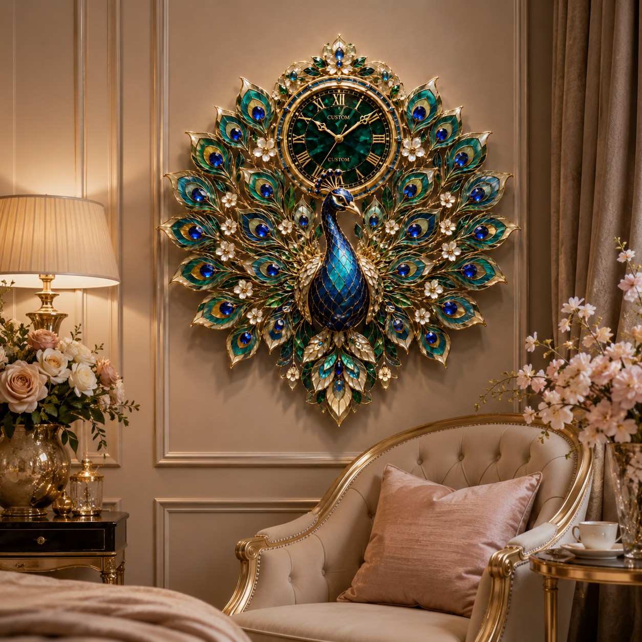 Personalized Peacock Wall Clock with Custom Name — personalized with a custom name