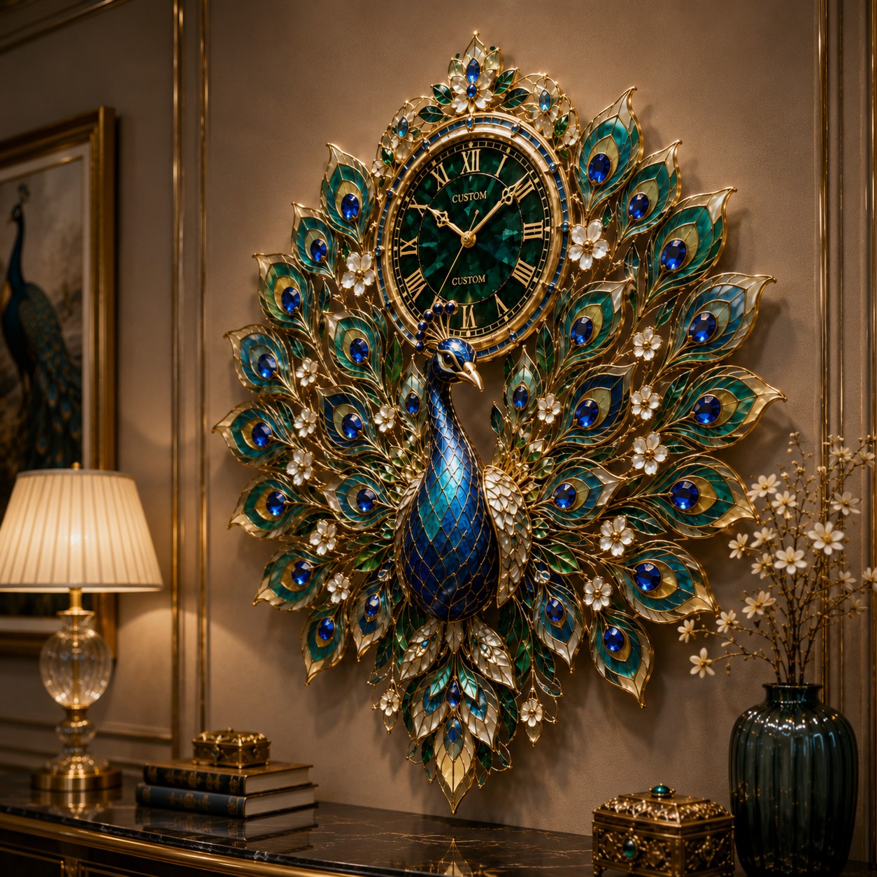 Personalized Peacock Wall Clock with Custom Name — personalized with a custom name